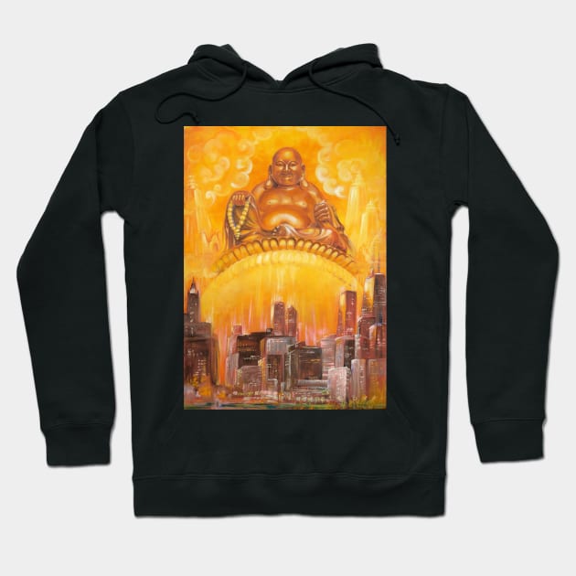 Blissful Jambhala, the God of Wealth, over Chicago. Soul of the Stone: Citrine. Hoodie by Lala Lotos
